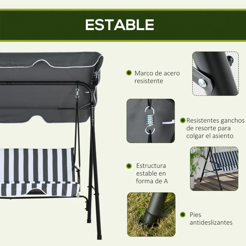 Outsunny Balancín de Jardín Exterior Columpio de 3 Plazas con Toldo Ajustable y Marco de Acero 172x110x153 cm Gris y Blanco