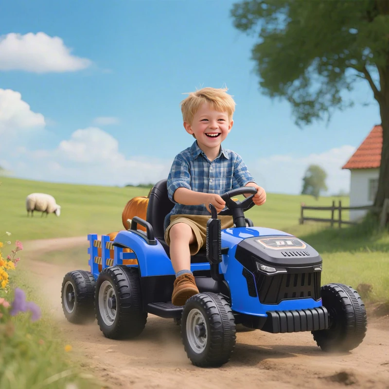 AIYAPLAY Tracteur électrique enfants avec remorque amovible, voiture électrique enfants, télécommande 2,4G, 139x58x55cm, bleu