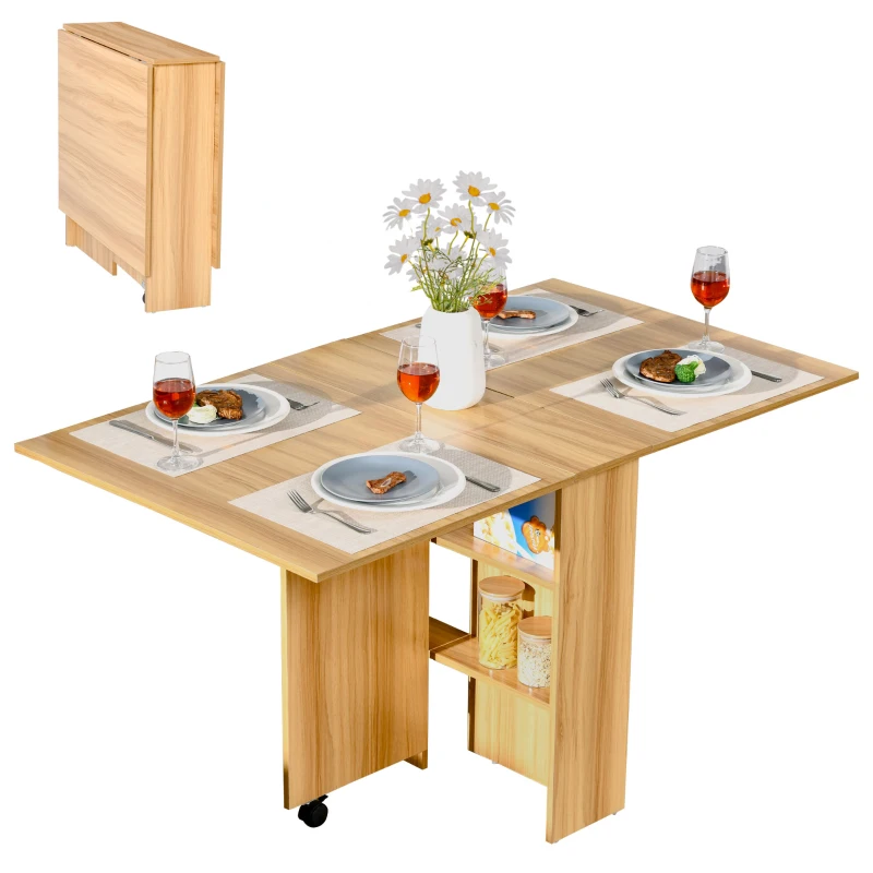 HOMCOM Mesa de Comedor Plegable con Ruedas Mesa Auxiliar Multifuncional con Alas Abatibles y Estantes 140x80x74cm Madera