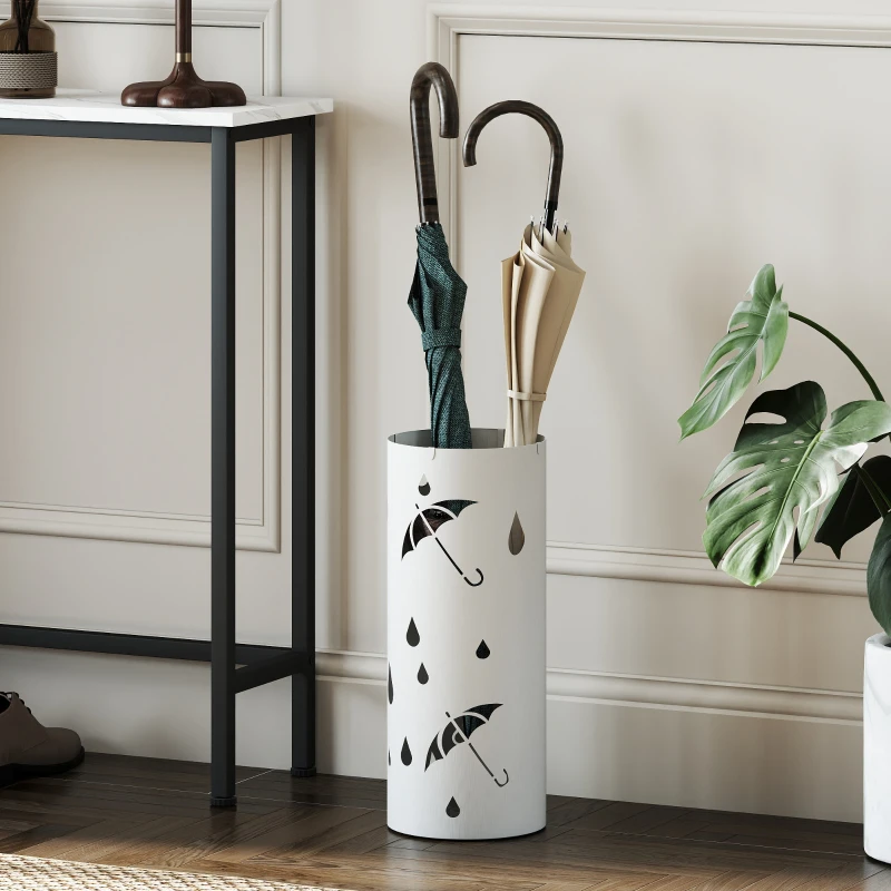 HOMCOM Porte parapluie cylindrique support pour parapluies bac d'égouttement amovible et 4 crochets, Ø 17 x 41 cm, blanc