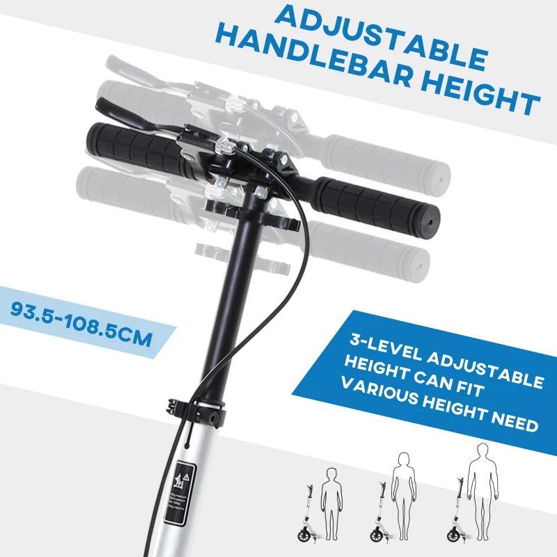 HOMCOM Teen/Adults Aluminium Folding Kick Scooter w/ Shock Mitigation System Silver