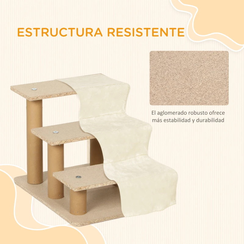 PawHut Escalera para Perros de 3 Peldaños con Funda Extraíble y Lavable Rampa para Perros para Cama Sofá 46x35x35 cm Beige