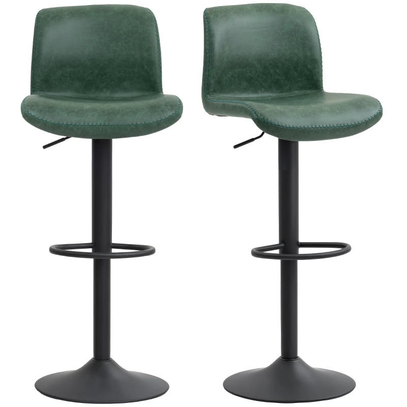 HOMCOM Bar Stools Set of 2, PU Leather Barstools with Backrest and Footrest for Kitchen, Counter, Breakfast Bar, Green