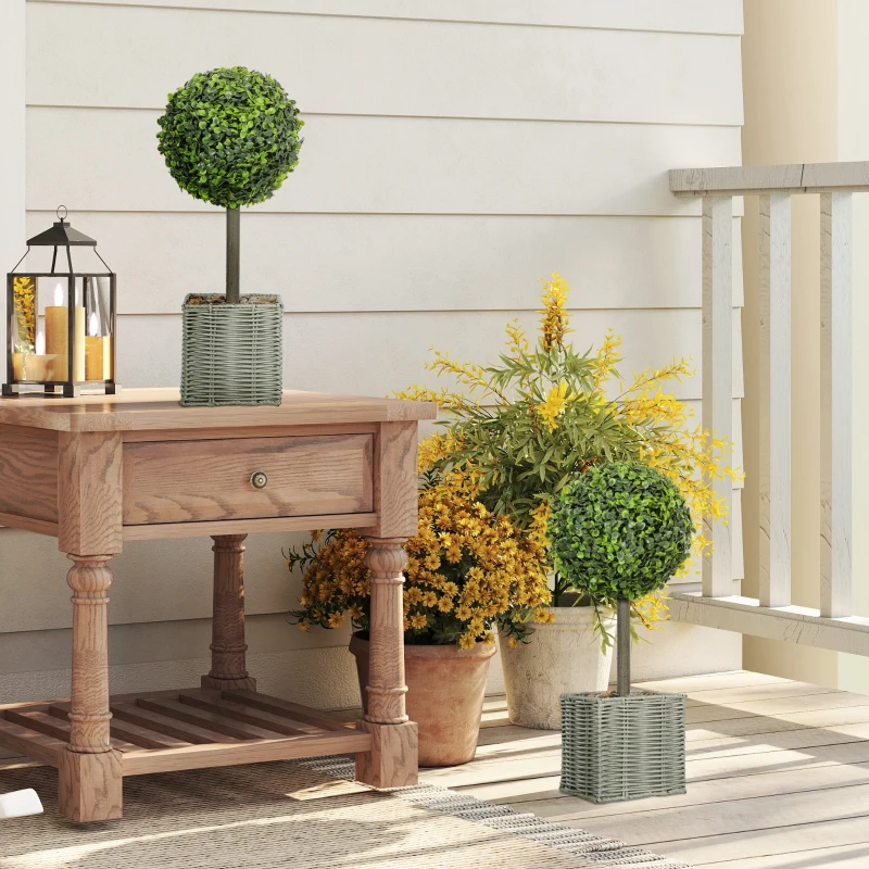 HOMCOM Set de 2 plante artificiale decorative, bile de buxus artificial 50 cm cu ghiveci din plastic împletit și pietre, verde