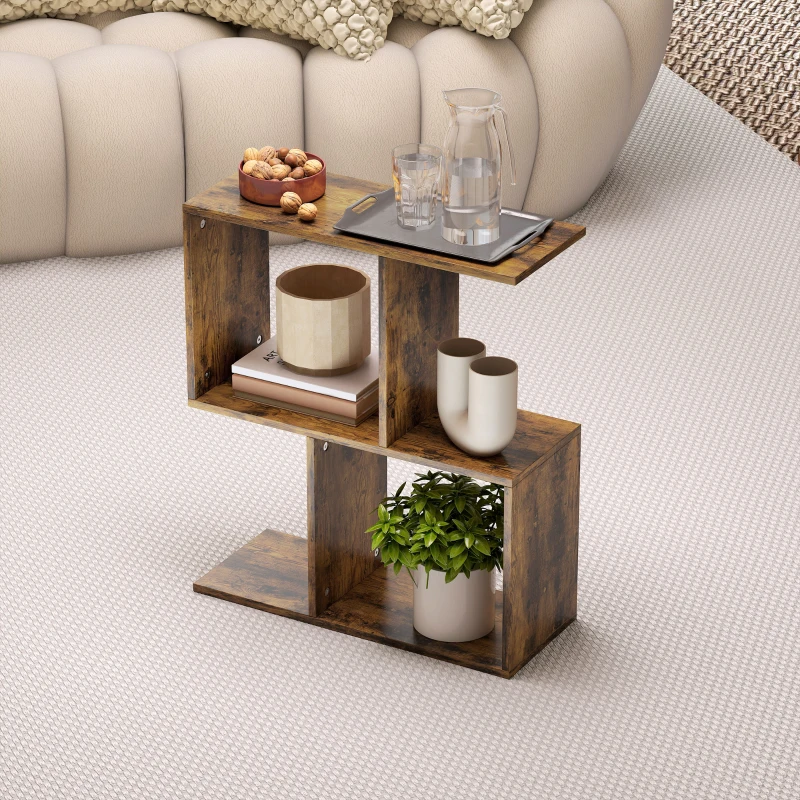 HOMCOM Side Table, Narrow End Table with Storage Shelves, S-Shaped, 3-Tier, 50W x 19.5D x 58H cm, Rustic Brown