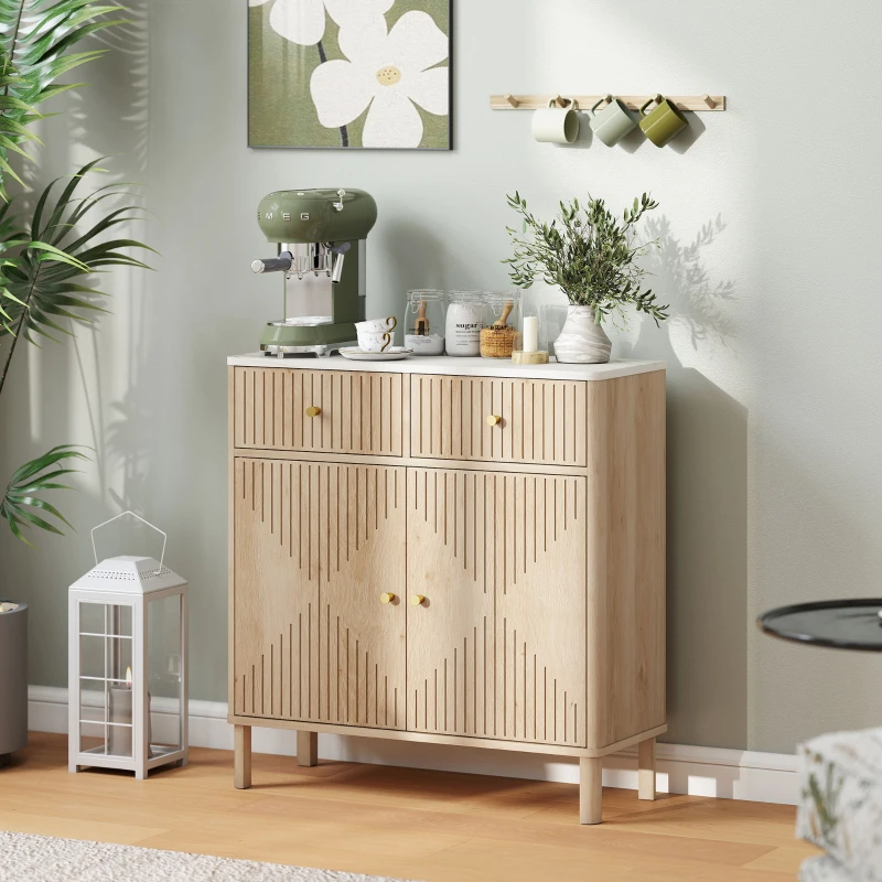 HOMCOM Buffet, meuble de rangement cannelé avec plateau effet marbre, 2 tiroirs, 2 portes, étagère réglable, 77x30x80cm, chêne(m-2)