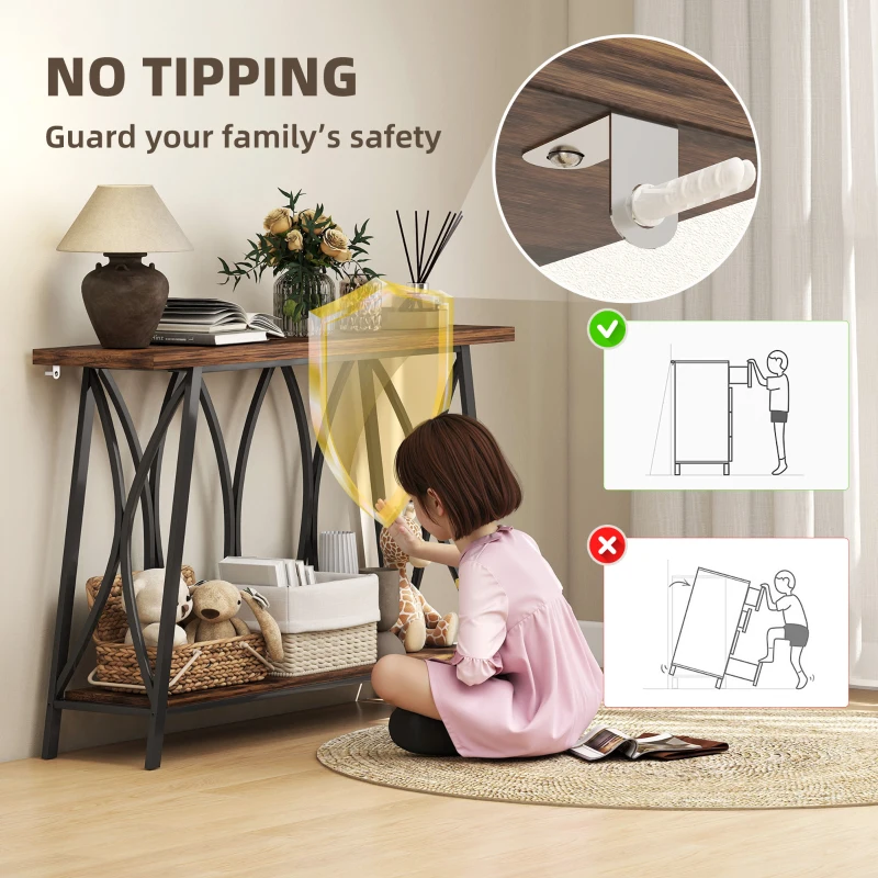 HOMCOM Narrow Console Table, Industrial 2-Tier Sofa Table with Metal Frame for Entryway, Living Room, 120x30x80cm, Rustic Brown