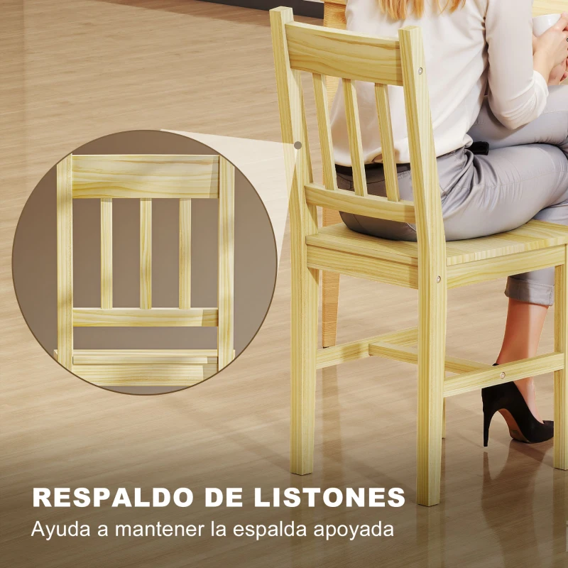 HOMCOM Juego de 2 Sillas de Comedor de Madera Sillas de Cocina con Respaldo de Listones, Asiento Amplio Madera Natural