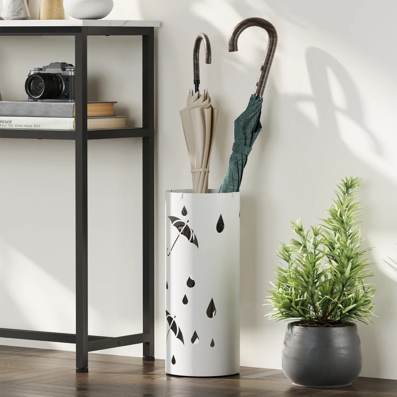 HOMCOM Porte parapluie cylindrique support pour parapluies bac d'égouttement amovible et 4 crochets, Ø 17 x 41 cm, blanc