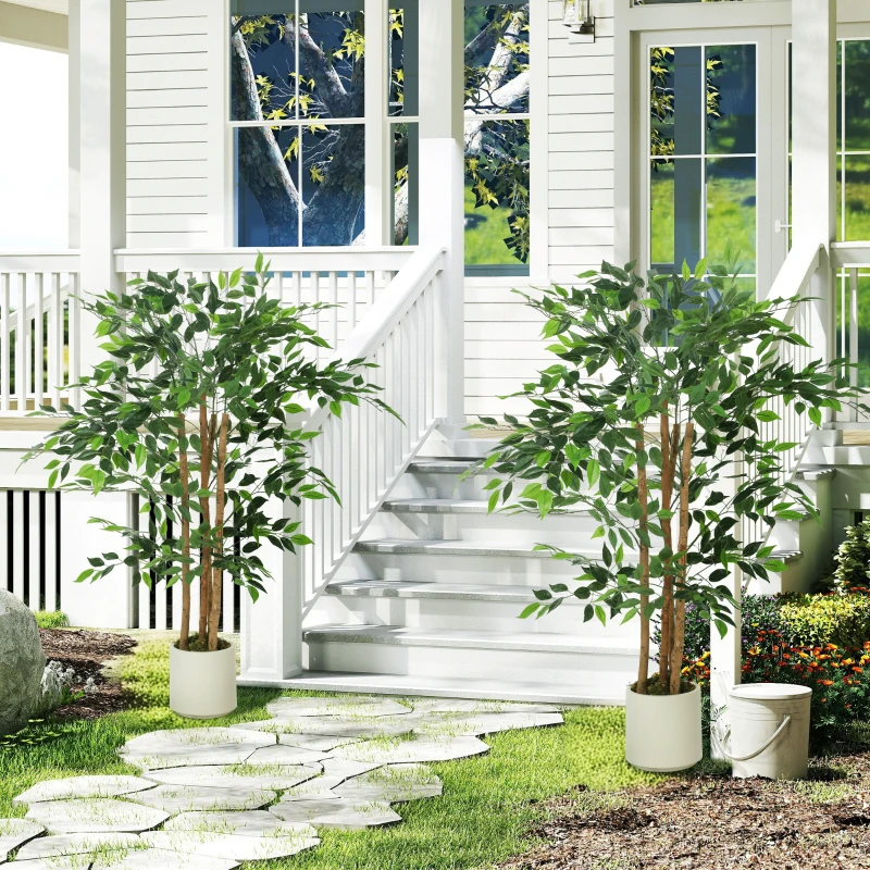 HOMCOM Planta Artificial de Baniano Verde en PEVA y Madera con Maceta Contenedora de PP y Cemento, 55x55x120 cm