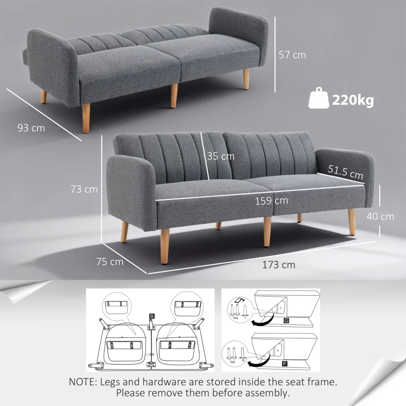 HOMCOM Divano Letto 2 Posti a 1 Piazza con Schienale Reclinabile in Tessuto 173x75x73cm - Grigio