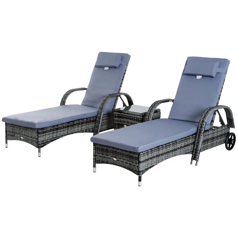 Outsunny 2 Seater Rattan Sun Lounger Set with Side Table-Grey
