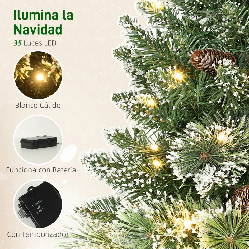 HOMCOM Mini Árbol de Navidad Artificial 60 cm con 35 Luces LED 64 Ramas Densas con Nieve Adornos y Base de Arpillera Verde