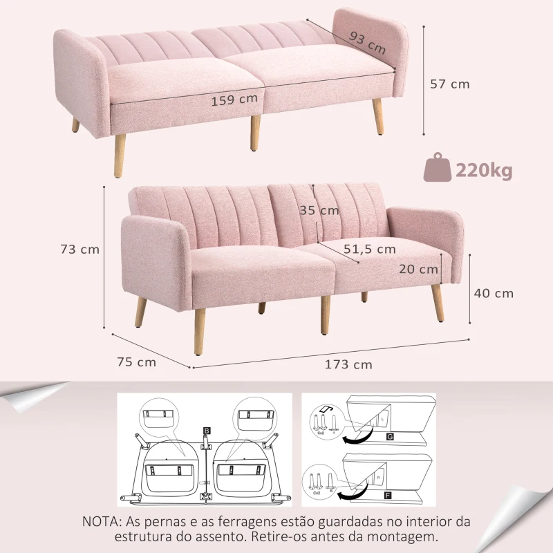 HOMCOM Sofá Cama de 2 Lugares com Encosto Ajustável em 3 Posições Apoio para os Braços e Pés de Madeira 173x75x73 cm Rosa