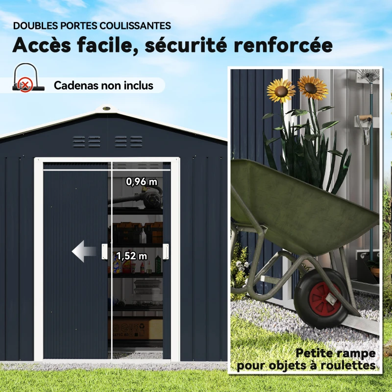 Outsunny Abri de jardin 5,4 m² 2,77 x 1,95 x 1,92 m kit de fondation incluse porte coulissante ventilations tôle acier gris foncé