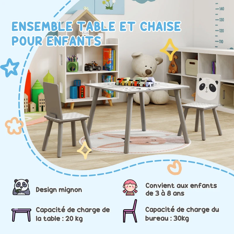 ZONEKIZ Ensemble table et chaises pour enfants, table pour enfant avec 2 chaises, motif animaux pour chambre à coucher gris
