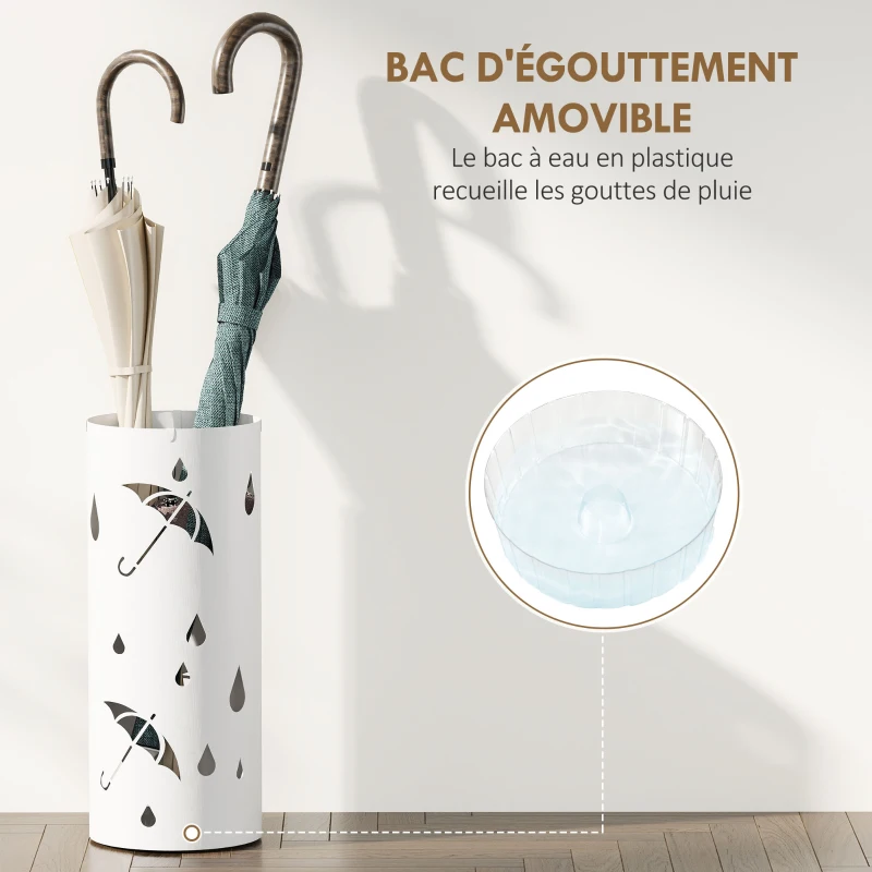 HOMCOM Porte parapluie cylindrique support pour parapluies bac d'égouttement amovible et 4 crochets, Ø 17 x 41 cm, blanc