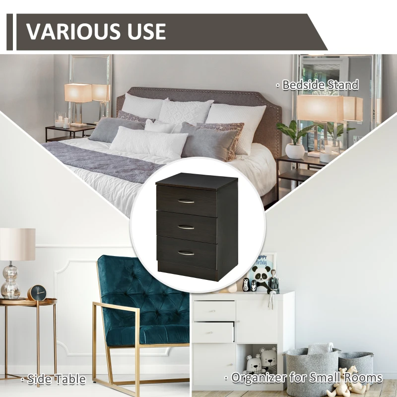 HOMCOM Three-Drawer Simple Bedside Table - Black