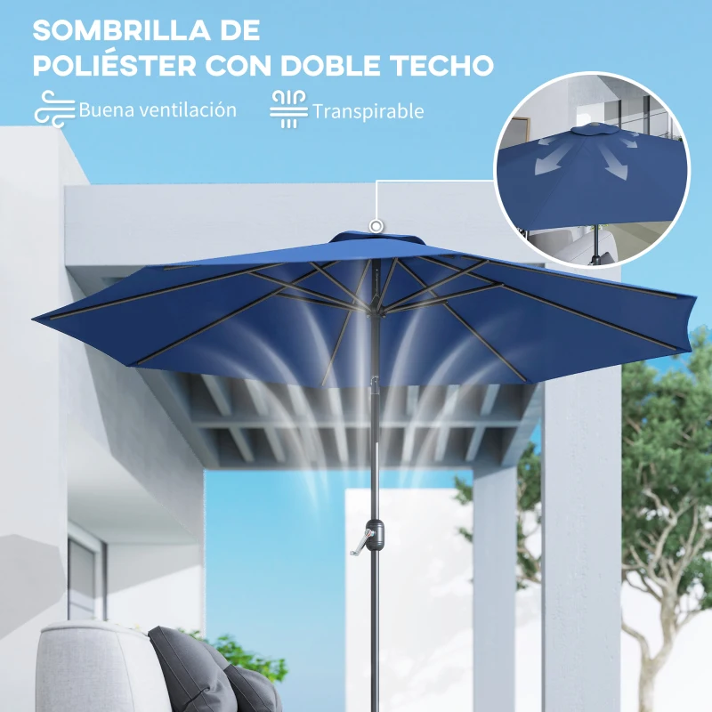 Outsunny Sombrilla de Jardín Ø295x250cm con Mecanismo de Inclinación y Poste Desmontable de Metal para Terraza Piscina Patio Azul