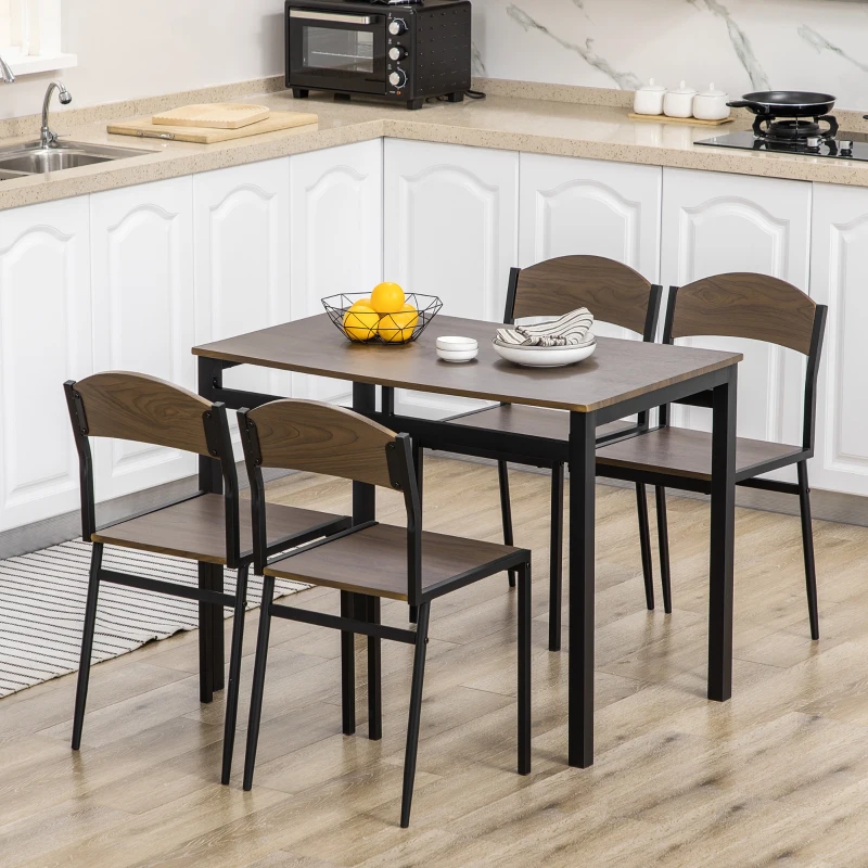 HOMCOM Juego de Mesa y 4 Sillas de Comedor Estilo Moderno Marco Metálico para Espacios Pequeños Marrón Oscuro y Negro