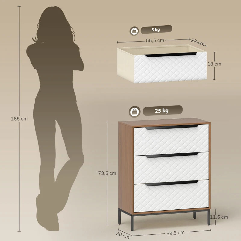 HOMCOM Cómoda con 3 Cajones de Tela Frentes con Patrón de Diamante para Salón Oficina Vestidor Natural y Blanco