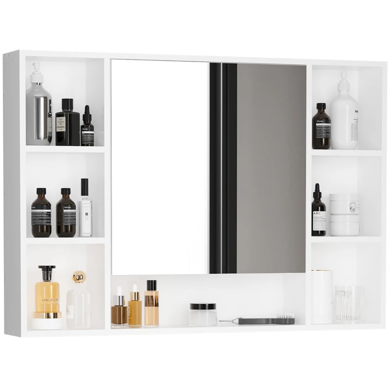 kleankin Specchiera Bagno con Mensole Aperte e Armadietto con Anta Specchiata, Mobile Bagno con Specchio Salvaspazio, 100x15x70cm, Bianco