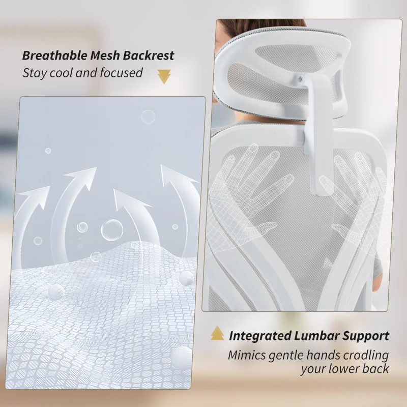 HOMCOM Ergonomic Office Chair with Foldable Backrest, 2D Headrest - Light Grey