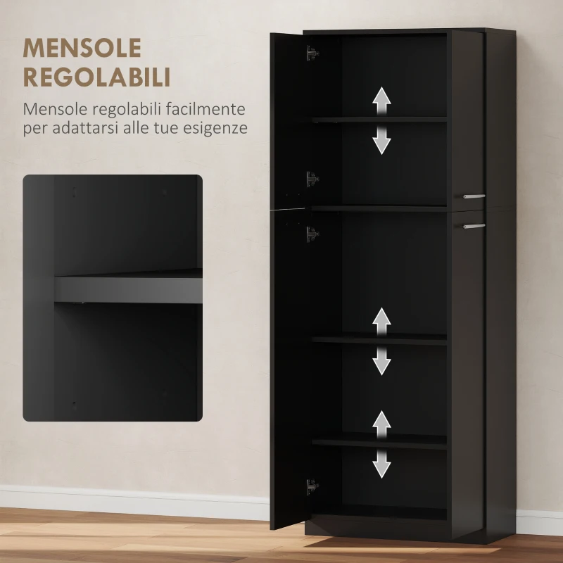 HOMCOM Mobile Contenitore Minimal con 2 Armadietti e Mensole Regolabili, in Legno Nero, 59x31x155 cm