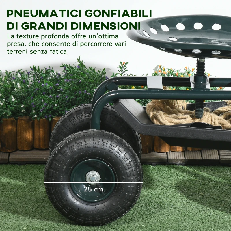 Outsunny Carrello da Giardino con Sedile Regolabile e Vassoio Inferiore, in Acciaio, e PP, 83x36.5x45-60 cm, Verde Scuro