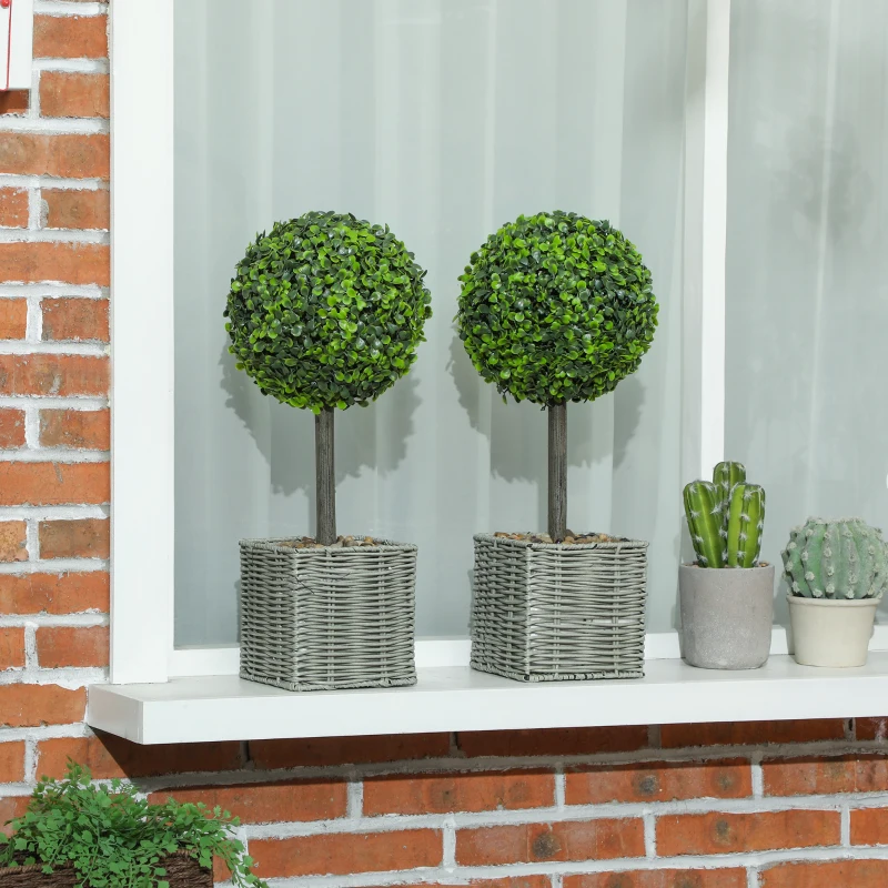 HOMCOM Set de 2 plante artificiale decorative, bile de buxus artificial 50 cm cu ghiveci din plastic împletit și pietre, verde
