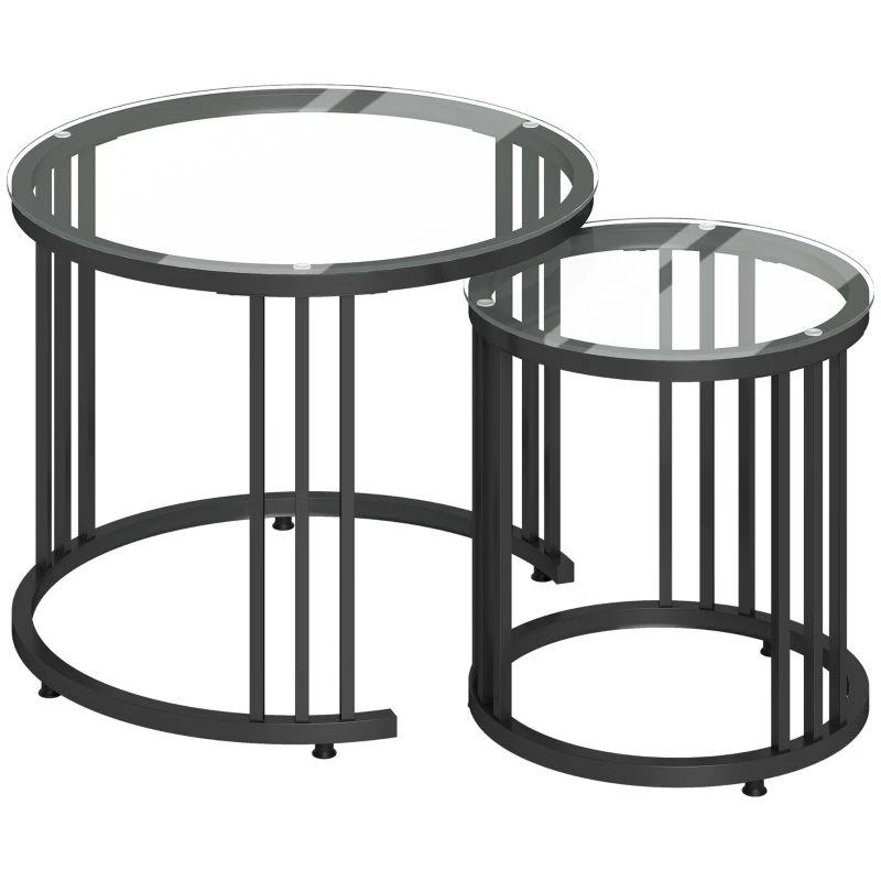 HOMCOM Round Coffee Tables Set of 2, Nesting Tables with Tempered Glass Top and Steel Frame, Black