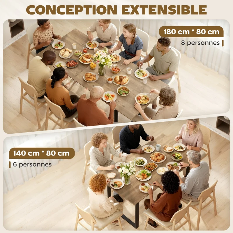 HOMCOM Table à manger extensible rectangle pour 6 à 8 personnes, table de cuisine avec rallonge 140-180 cm, effet bois naturel