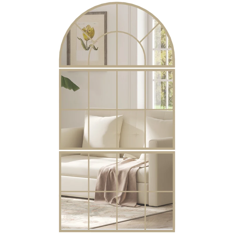 HOMCOM Oglindă de perete arcuită oglindă de perete în formă de fereastră set de 3 piese cadru din metal 76 x 150 cm auriu