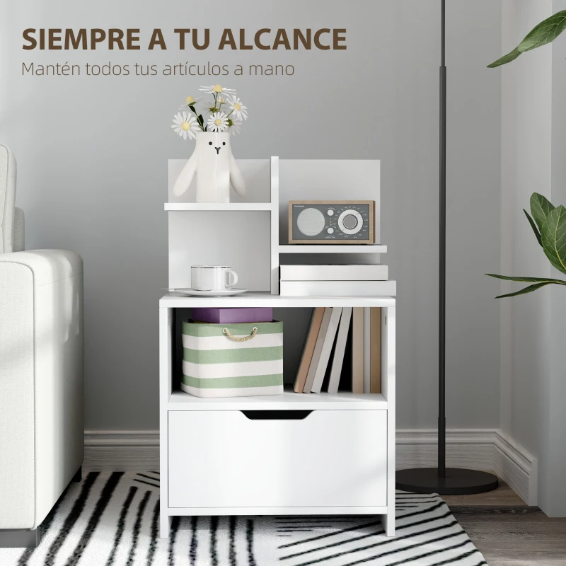 HOMCOM Mesita de Noche Mesilla de Noche Moderna con Cajón y Estantes de Almacenamiento para Salón Dormitorio 45x35x73cm Blanco