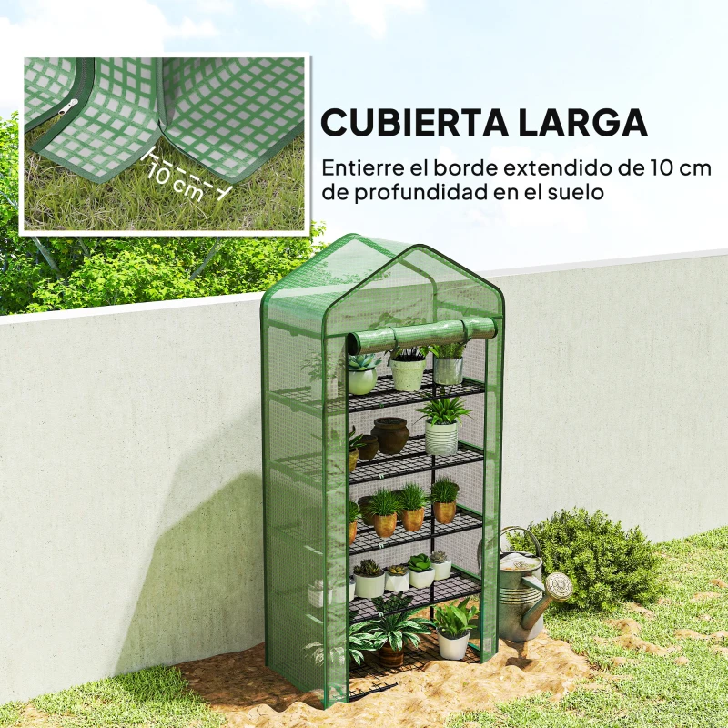 Outsunny Invernadero Resistente de 5 Niveles con 1 Puerta con Cremallera Anti-UV Diseño Ensanchado y Estantes 90x49x193 cm Verde