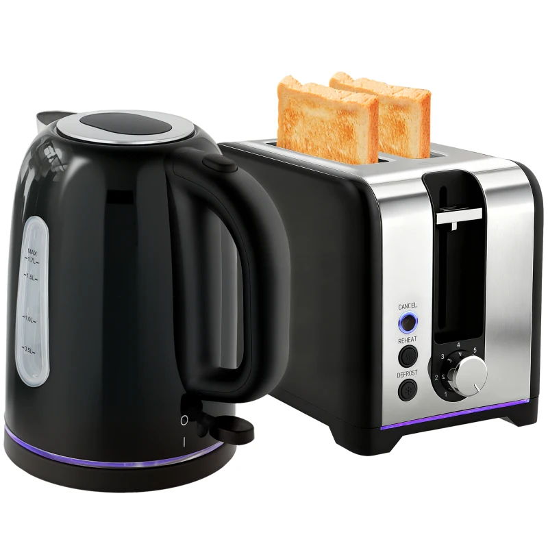 HOMCOM Simple Polished Toaster and Kettle Set - Black