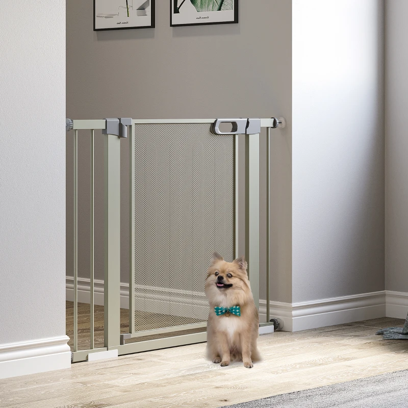 PawHut Barrière de sécurité pour animaux domestique avec fermeture automatique double verrouillage largeur 75-103 cm gris