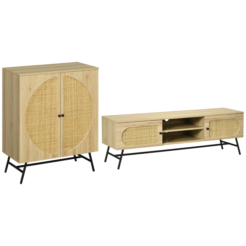 HOMCOM Lot de Meuble TV et Meuble de rangement - design aspect bois et cannage - 2 passe-câbles - pieds métal noir - naturel