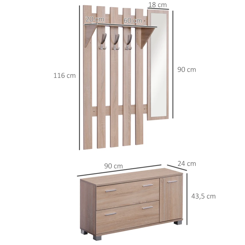 HOMCOM Móvel Cabide de Entrada com Espelho Ganchos e Sapateira Móvel de Entrada com 3 Ganchos Prateleira e 2 Gavetas para Corredor Carvalho