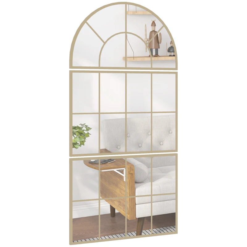 HOMCOM Oglindă de perete arcuită oglindă de perete în formă de fereastră set de 3 piese cadru din metal 76 x 150 cm auriu