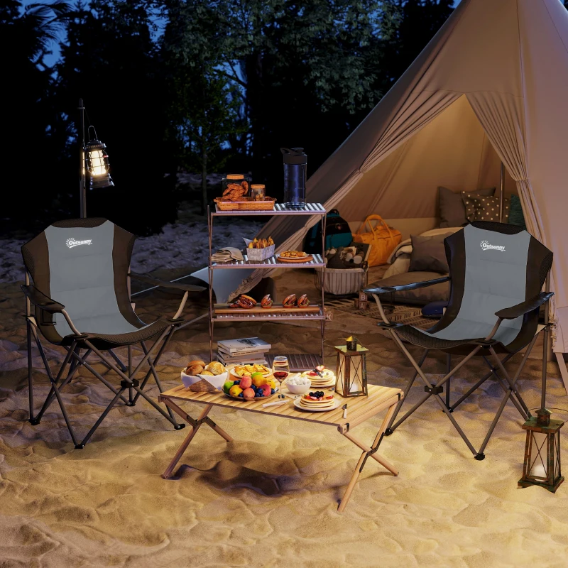 Outsunny Lot de 2 chaise pliante camping rembourrée à dossier haut avec porte-gobelet, charge 120Kg, gris foncé