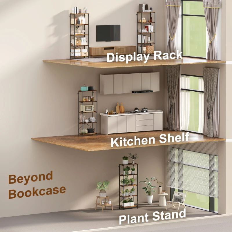 HOMCOM 5-Tier Bookshelf, Industrial Bookcase with Metal Frame - Rustic Brown and Black