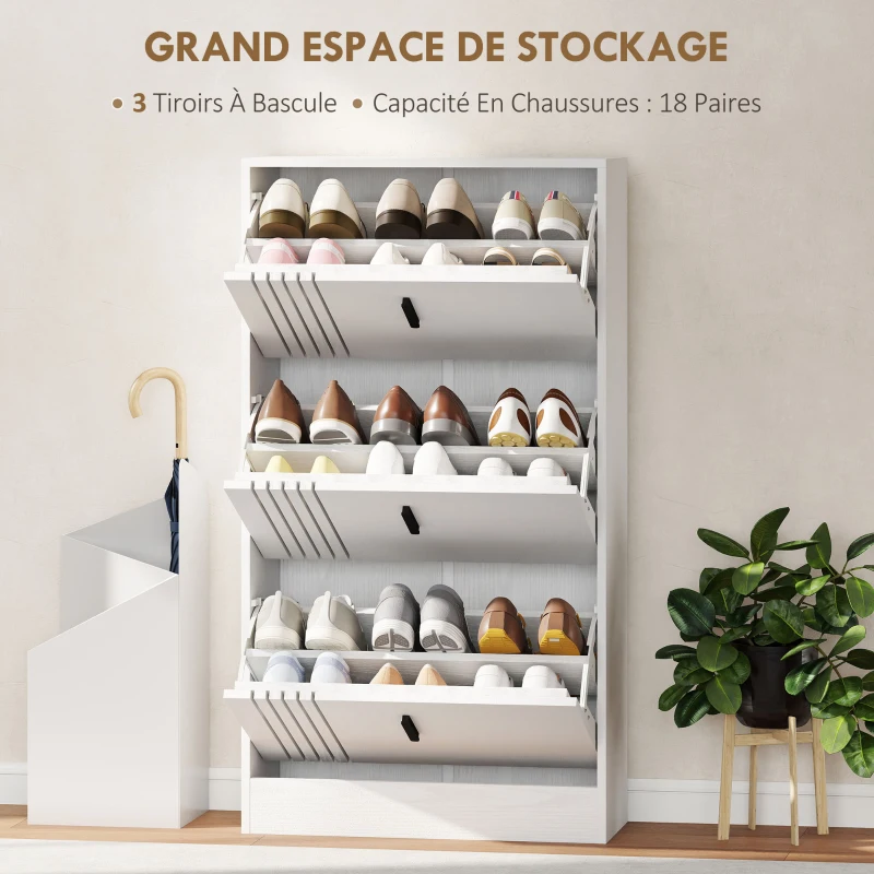HOMCOM Meuble à chaussures armoire à chaussures à 3 abattants 18 paires grande capacité en bois 63 x 24 x 117 cm blanc
