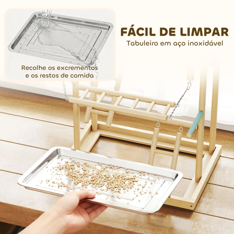 PawHut Parque de Jogos para Pássaros Suporte de Madeira para Pássaros com Escadas Baloiço Brinquedo 48x38x95 cm Madeira