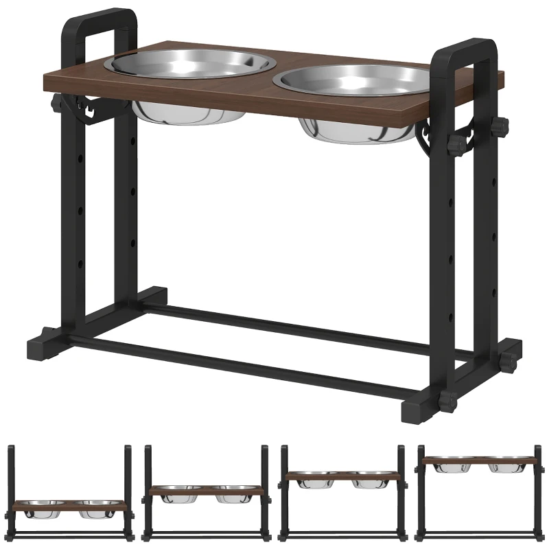 PawHut Raised Dog Bowls with Stand, 4 Heights Adjustable Pet Feeder with 3 Adjustable Angles for Small, Medium & Large Breeds, Brown