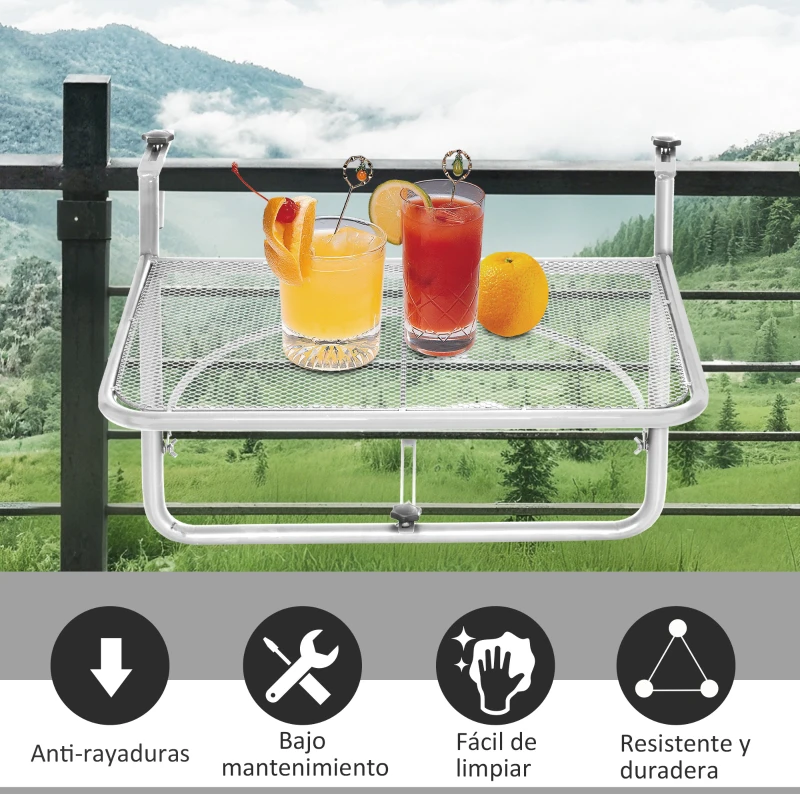 Outsunny Mesa Colgante de Balcón con Brazo Regulable y Altura Ajustable en 3 Posiciones Marco Metálico 60x56x50 cm Blanco