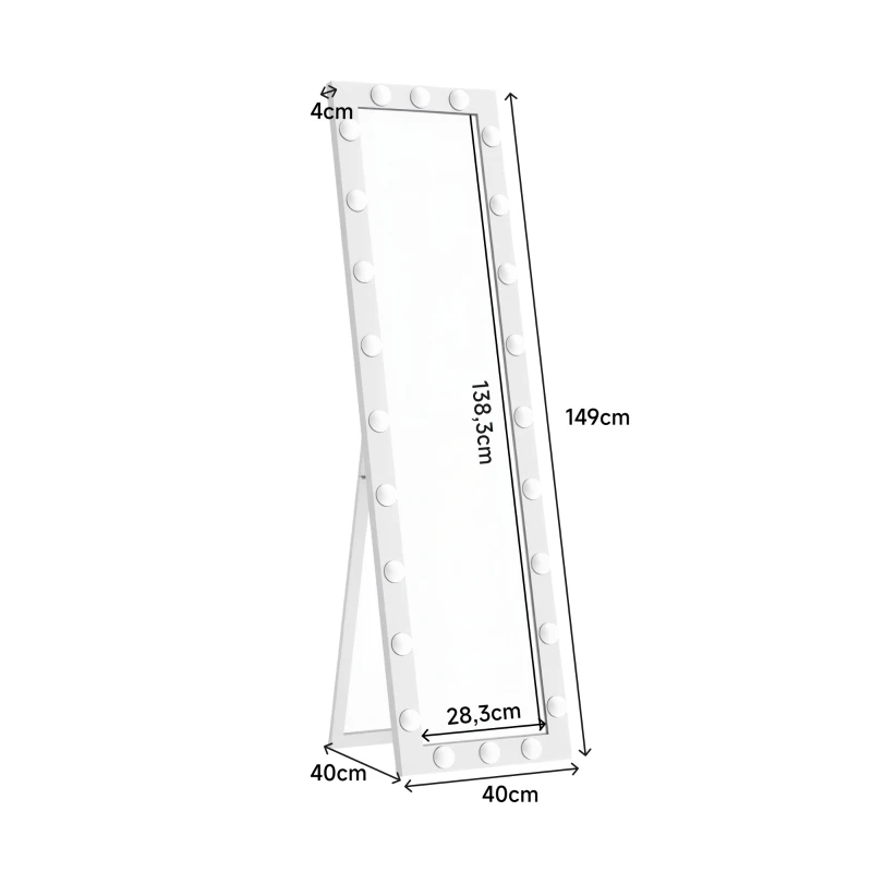 HOMCOM Espejo de cuerpo entero 150x40 cm espejo LED con 24 bombillas 3 tonos de luz, independiente, apoyable o para montaje en pared Blanco