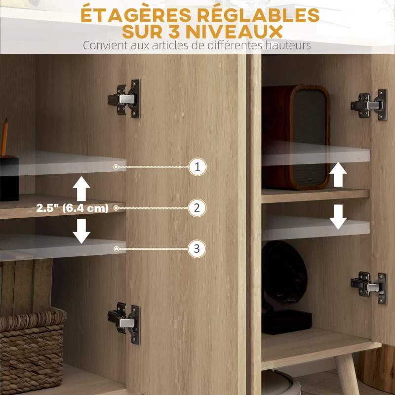 HOMCOM Buffet salon, meuble de rangement avec 4 portes cannelés à ouverture par pression 120 x 35 x 77,5 cm, chêne