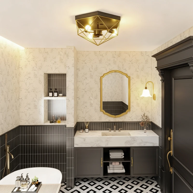 HOMCOM Lampada da Soffitto Stile Industriale Geometrica con 3 Attacchi E27 per Lampadine LED, Nero e Oro