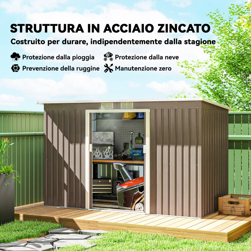 Outsunny Ripostiglio da Giardino in Acciaio con 2 Prese d'Aria e 2 Porte Scorrevoli, 280x130x172 cm, Marrone Legno